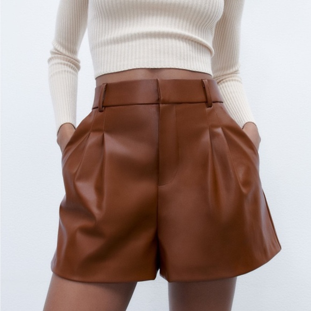 Zara Caramel Faux Leather Shorts